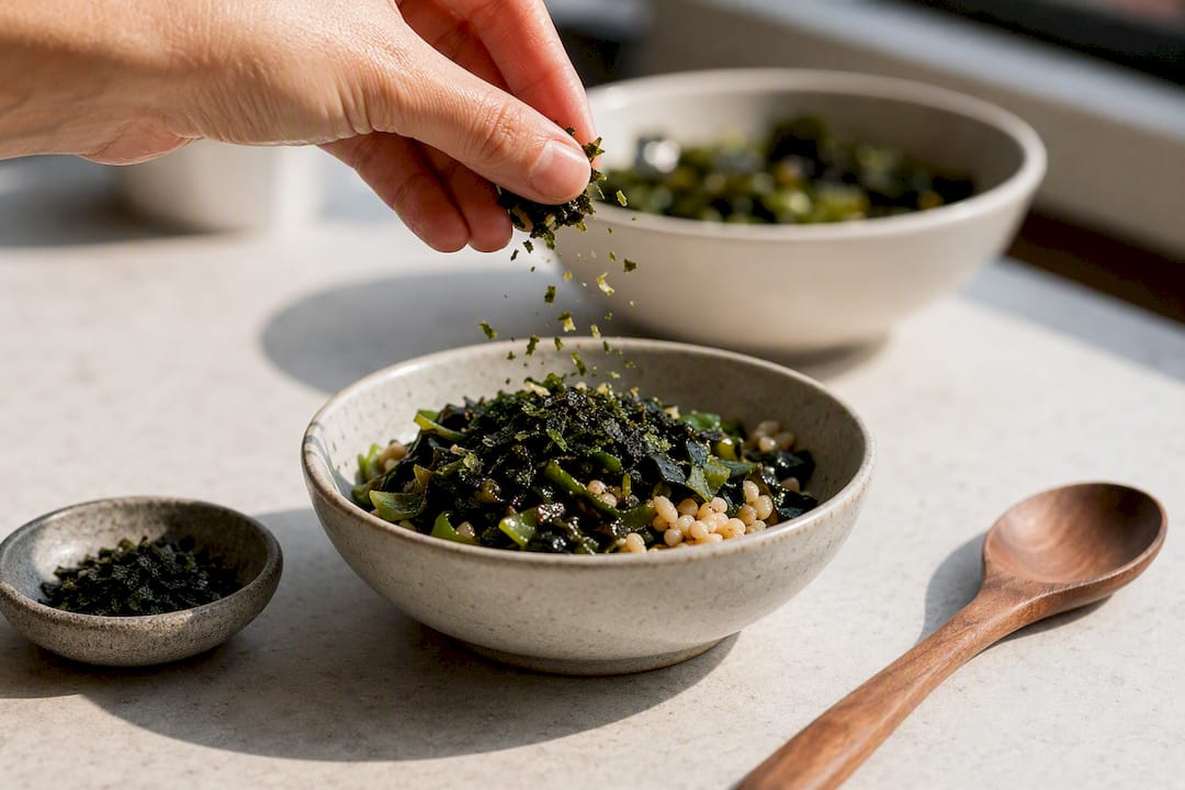 Nori flakes sprinkled over seaweed dish