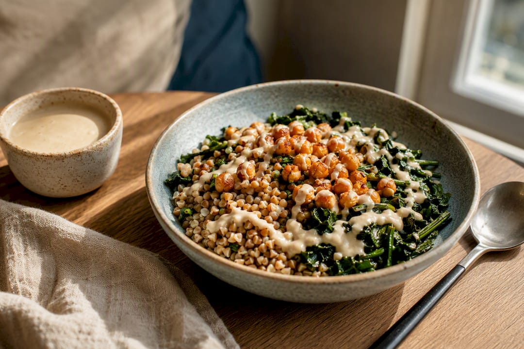Buckwheat chickpea bowl with greens and tahini