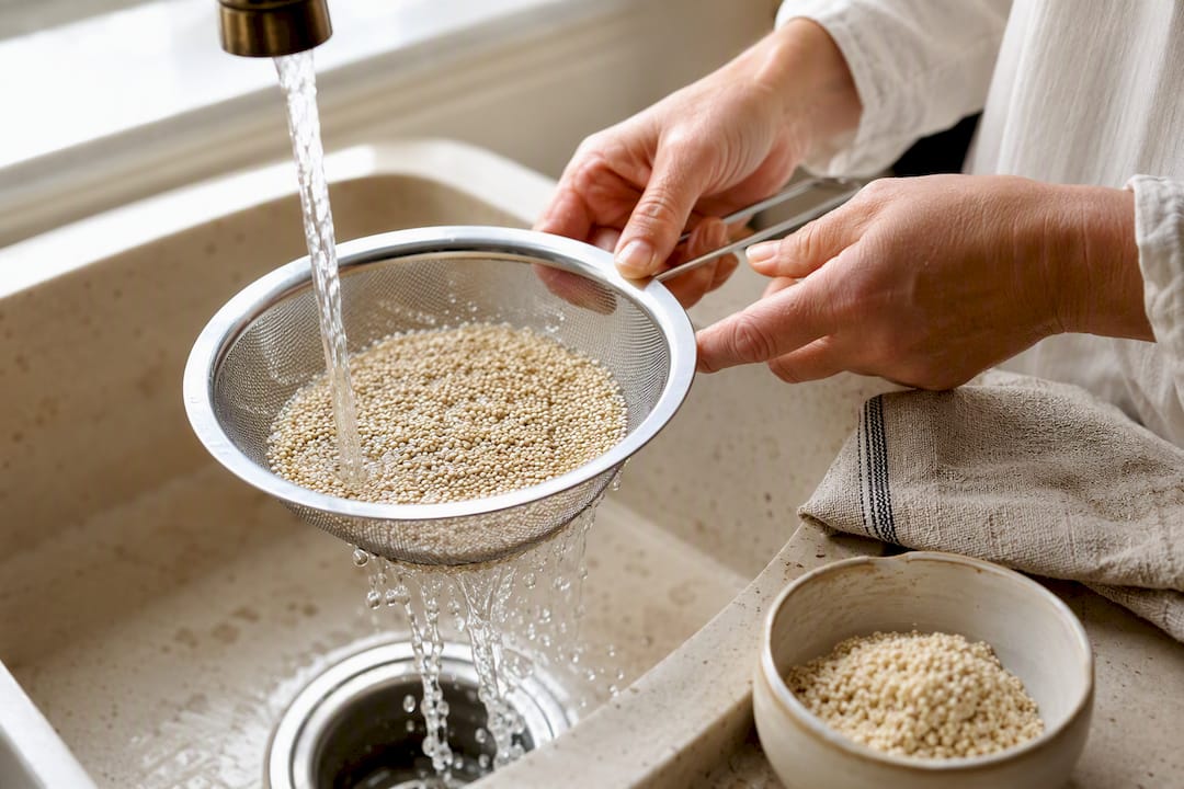 Hands rinsing quinoa in a fine mesh sieve