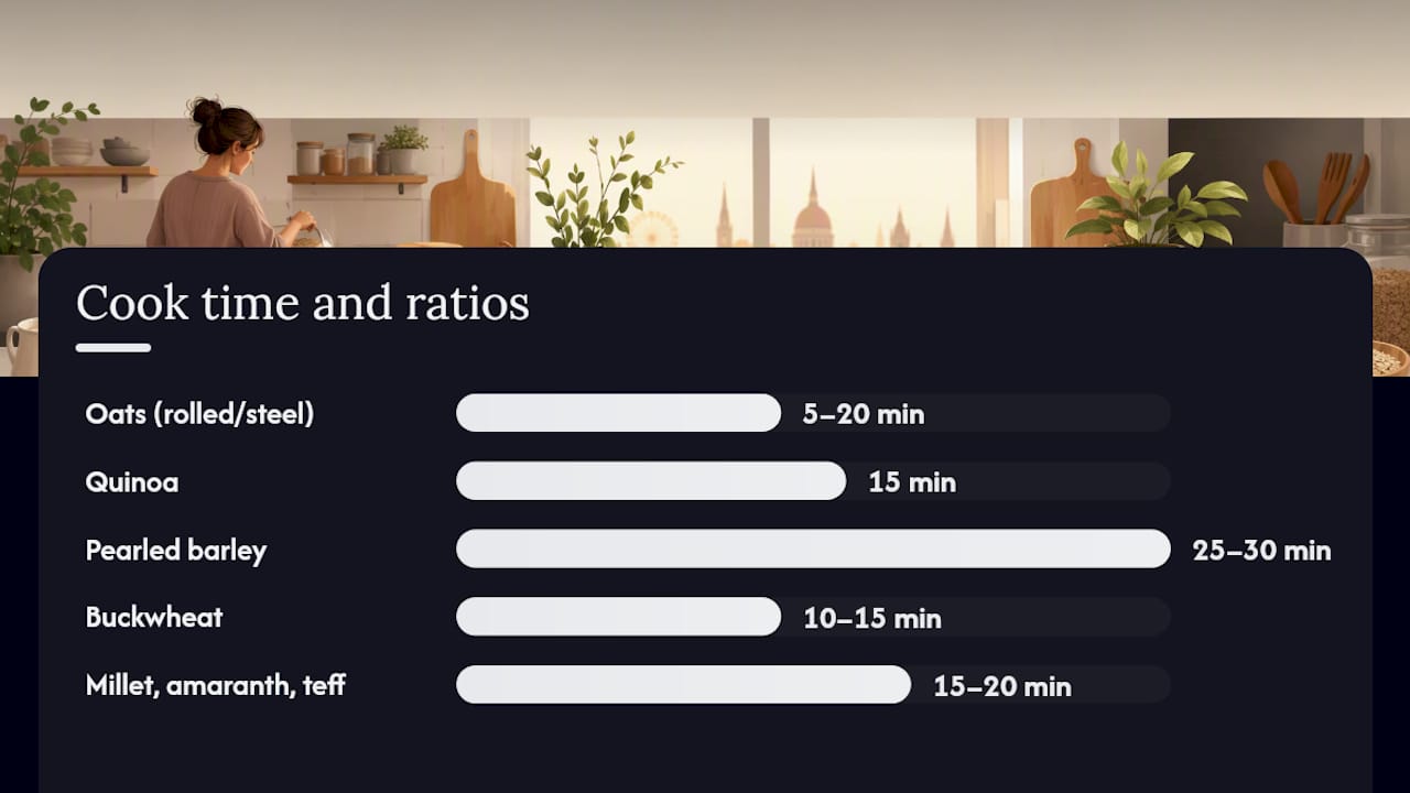 Whole grain cooking times and liquid ratios