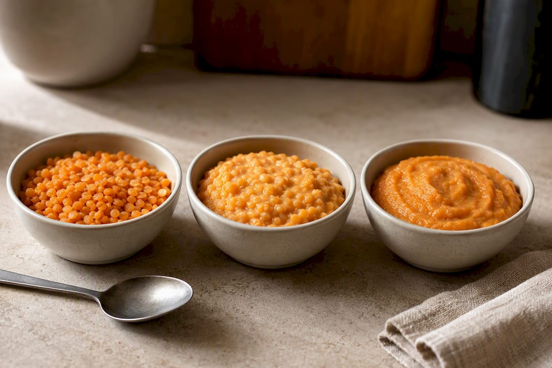 Three bowls showing lentil textures
