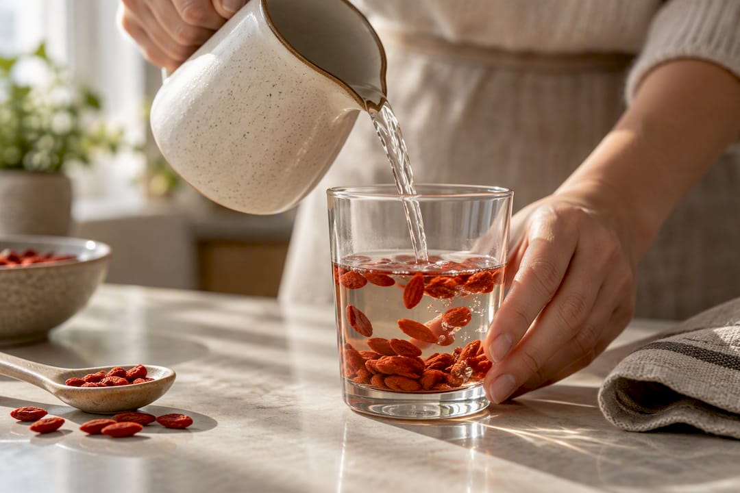 Dried goji berries soaking in warm water