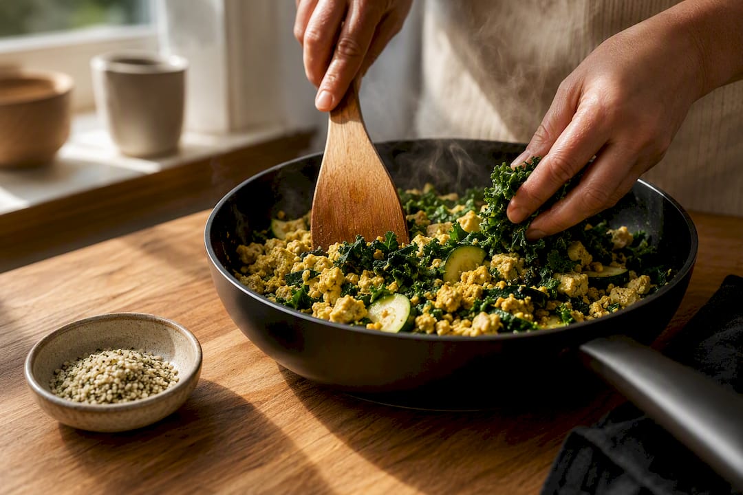 Kale and courgette folded into tofu scramble