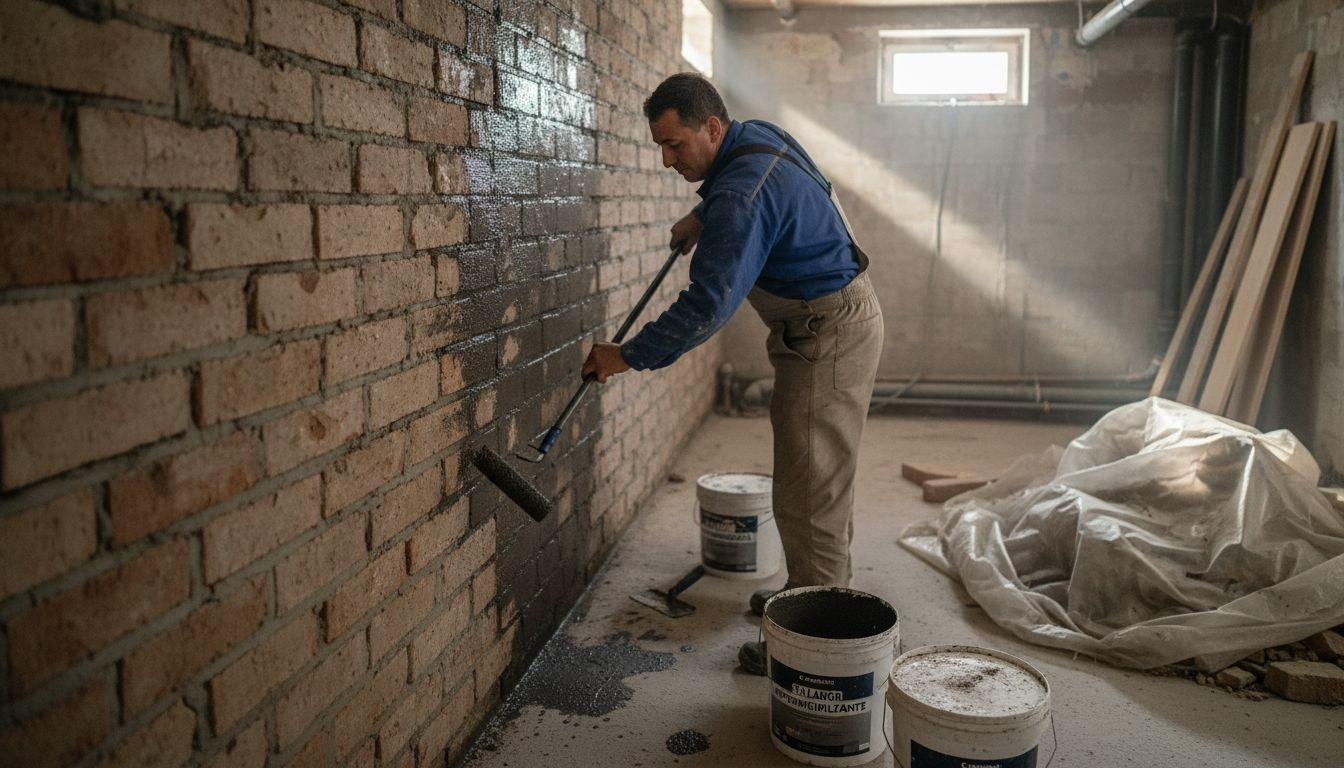 Operario colocando una capa impermeabilizante en la pared