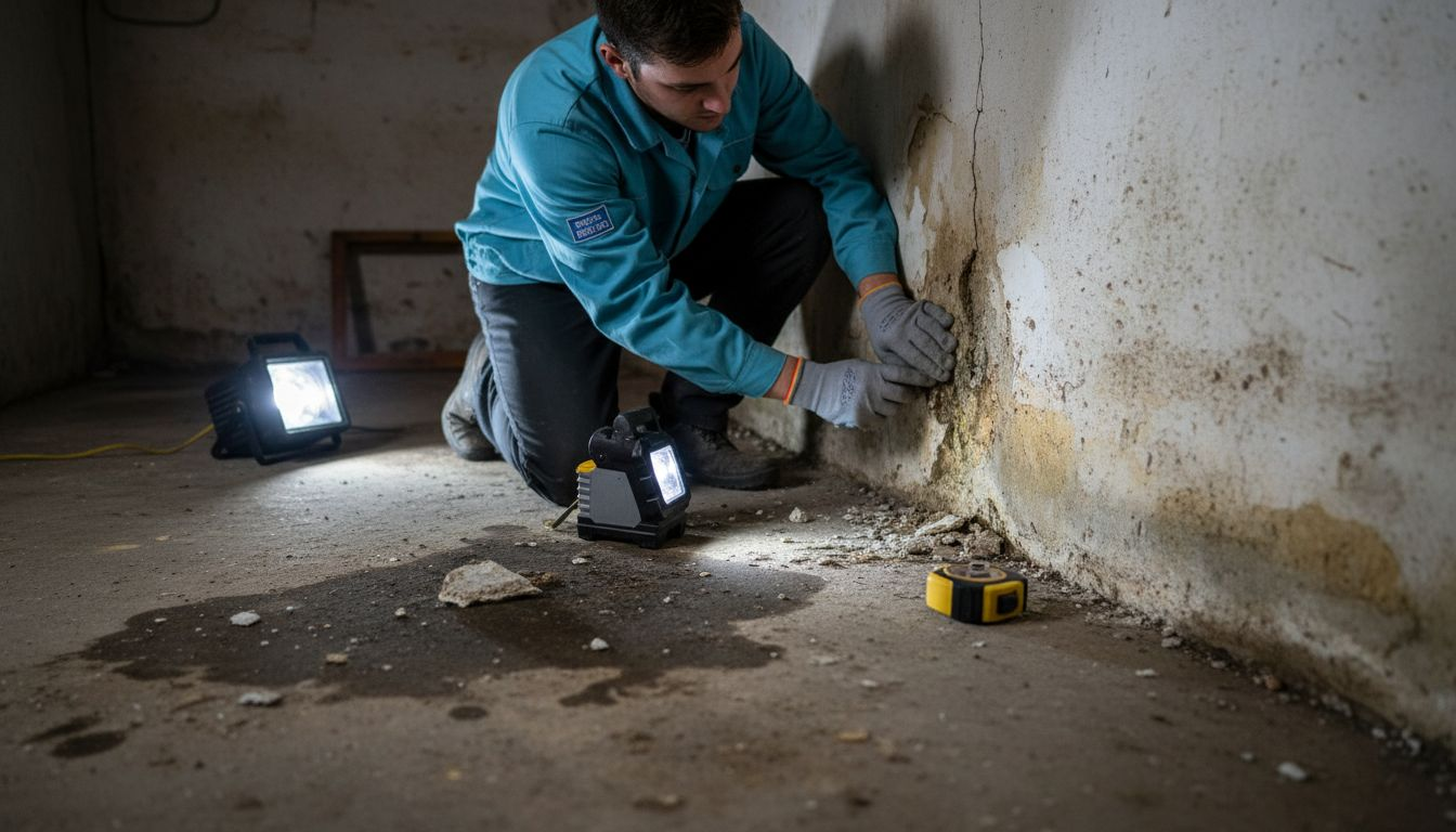 Una persona inspecciona las humedades que han aparecido en el sótano de su casa.
