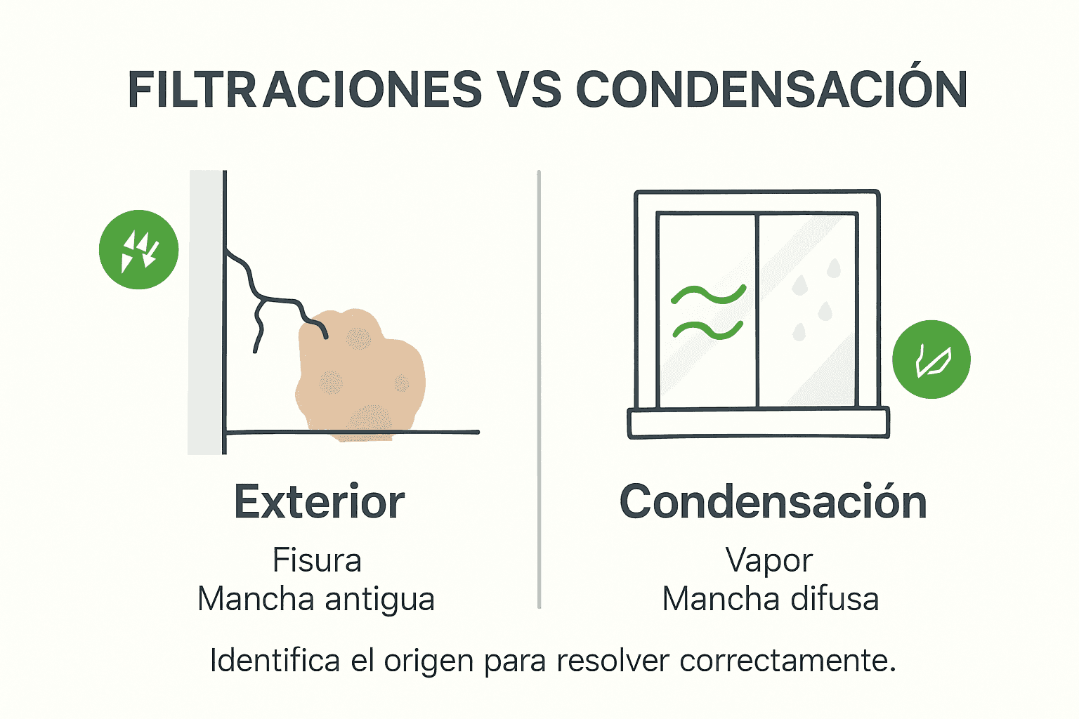 Infografía que explica las diferencias entre humedades por filtración y por condensación