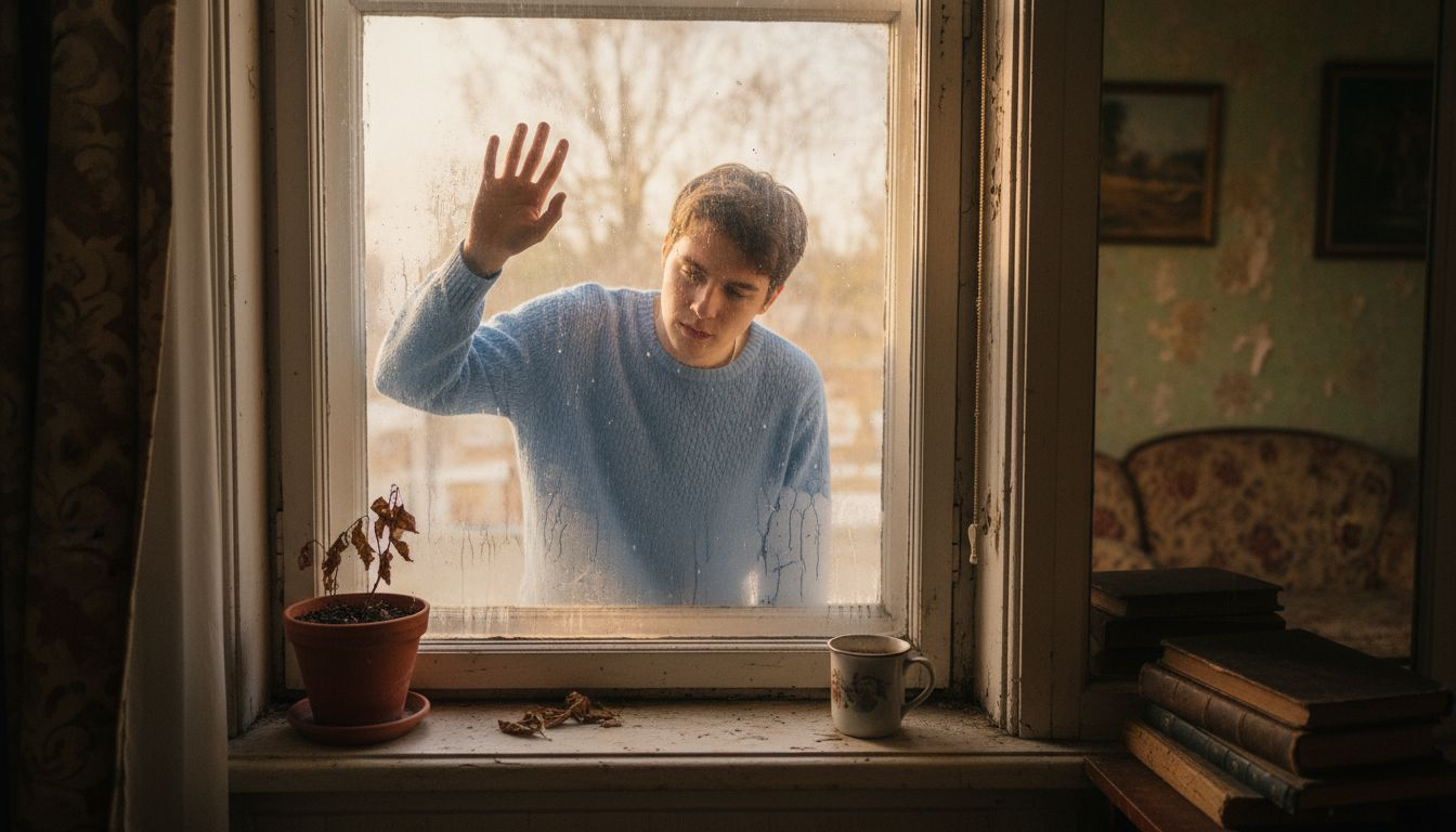 Un joven observa cómo se acumula humedad en el cristal de una ventana por dentro.