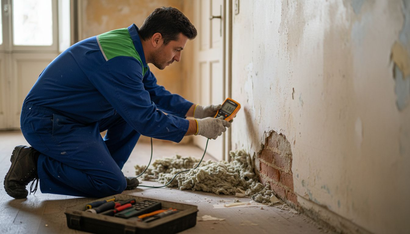 Especialista inspeccionando el aislamiento térmico en una vivienda