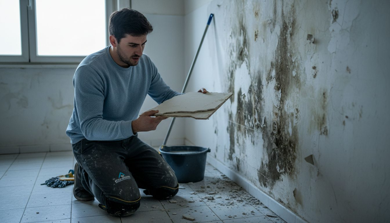 Especialista reparando pared afectada por la humedad, retirando el yeso deteriorado.