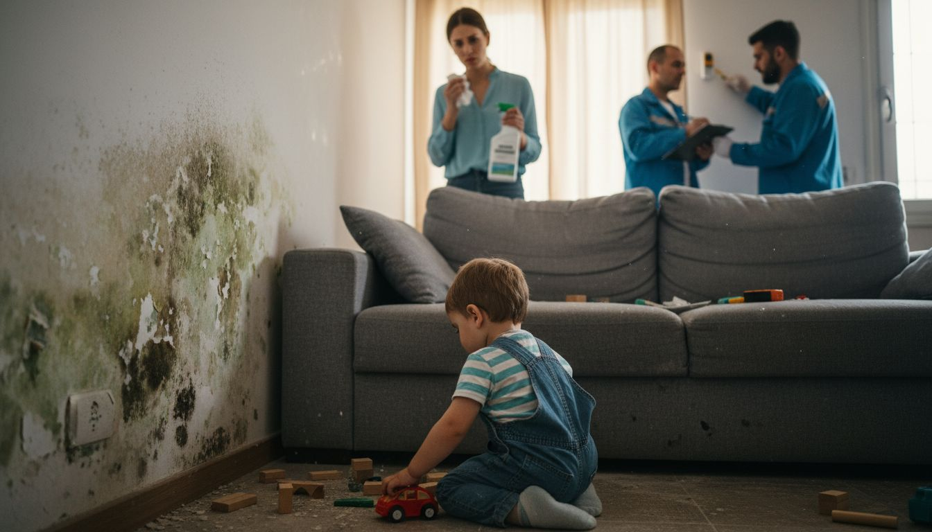 Un niño está de pie junto a una pared que muestra manchas de humedad y moho.