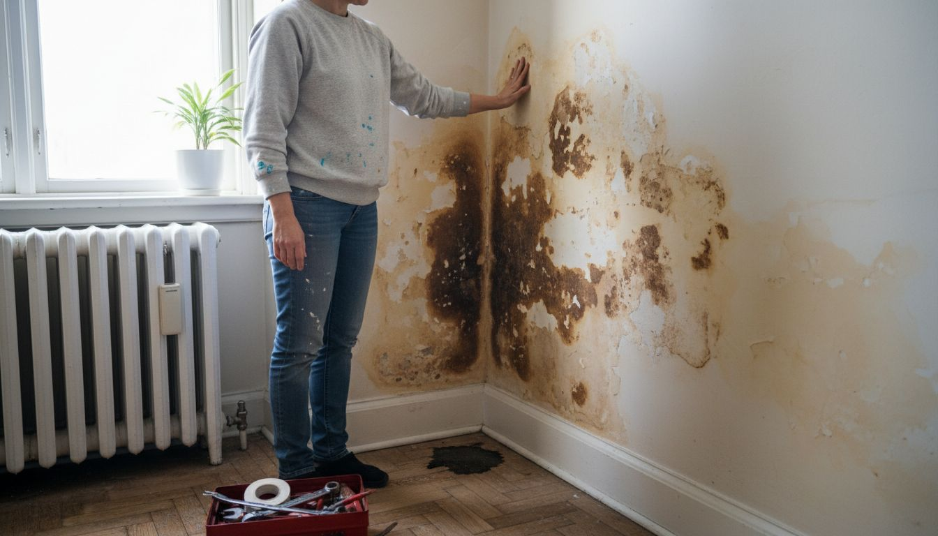 Propietario revisando la pared para detectar posibles daños por humedad.