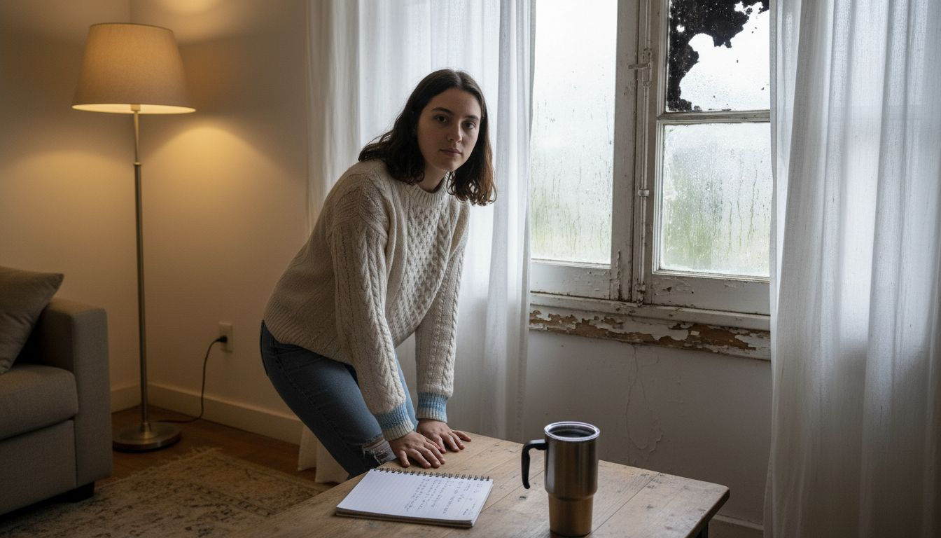 Un joven observa con preocupación las manchas de humedad y las gotas que se acumulan en el cristal de la ventana.