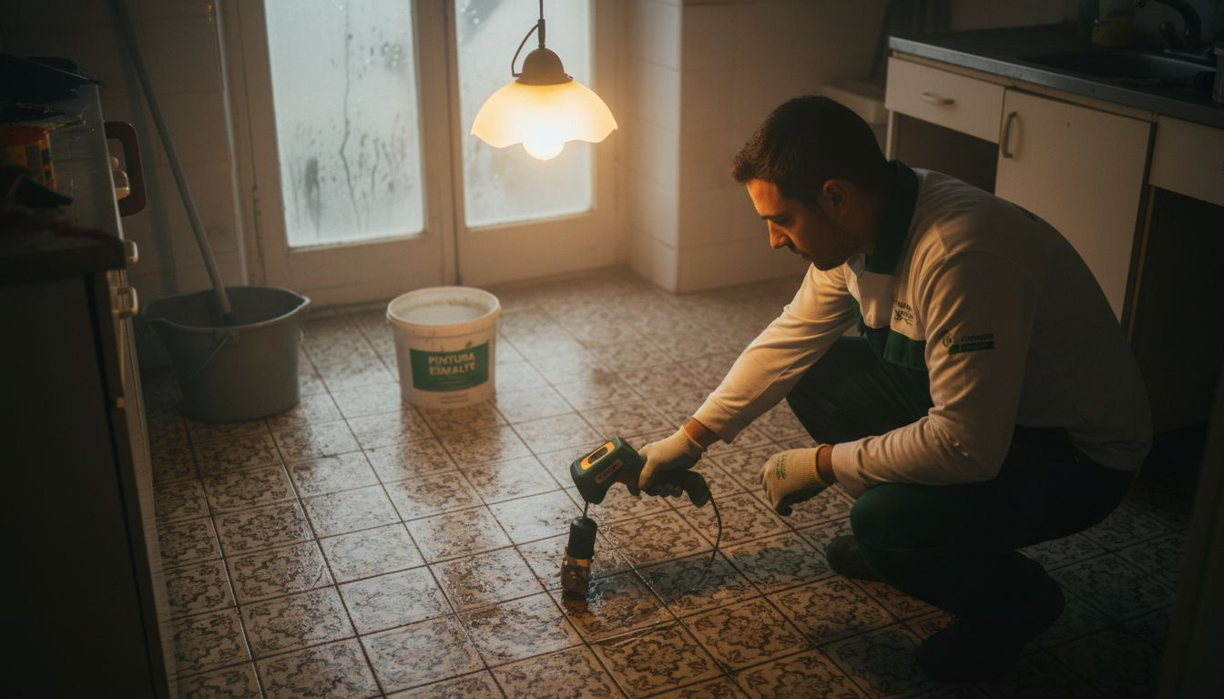 Especialista revisando la cocina con una cámara térmica