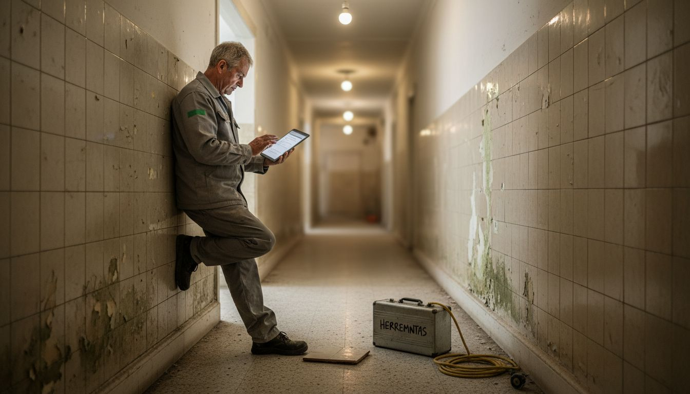 Especialista revisando el informe de humedad en el pasillo