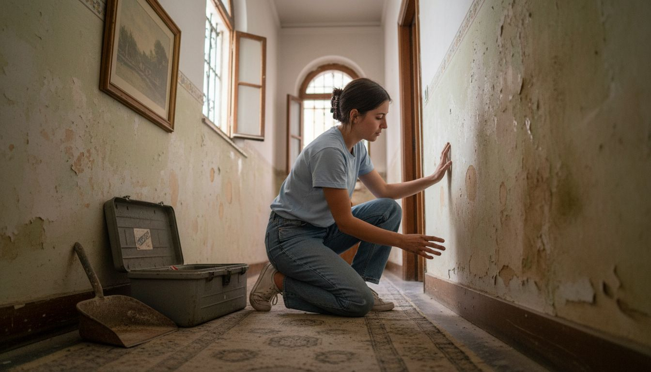 Una mujer observa con preocupación las manchas de humedad que han aparecido en la pared de su casa.