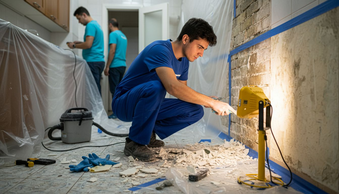 Un operario retira el recubrimiento deteriorado de la pared.