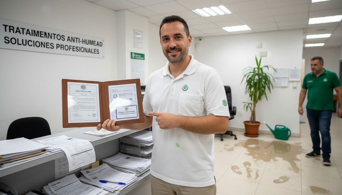 Un técnico presenta sus certificaciones en la oficina de la empresa.