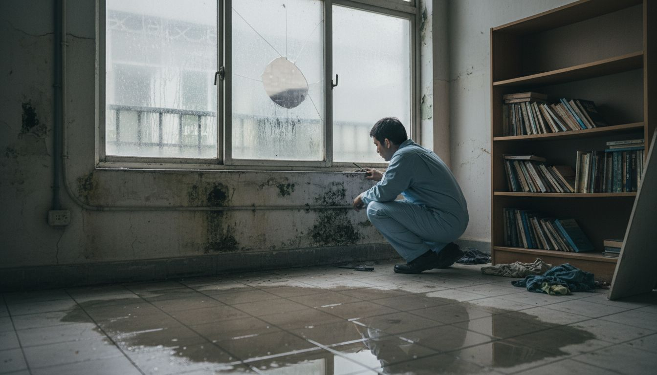 Especialista revisando una pared afectada por filtraciones de agua y presencia de moho