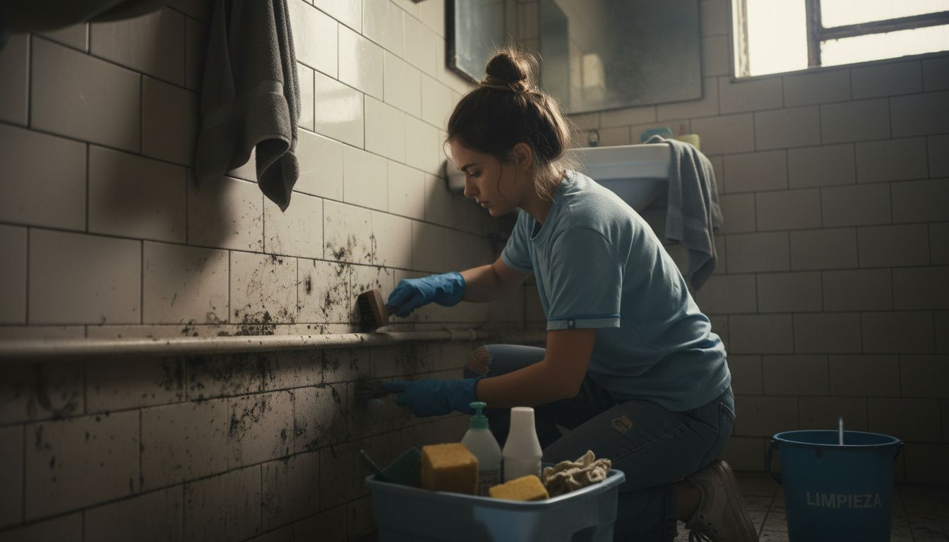 Una mujer limpia las manchas de moho que se han formado en una esquina húmeda del baño.