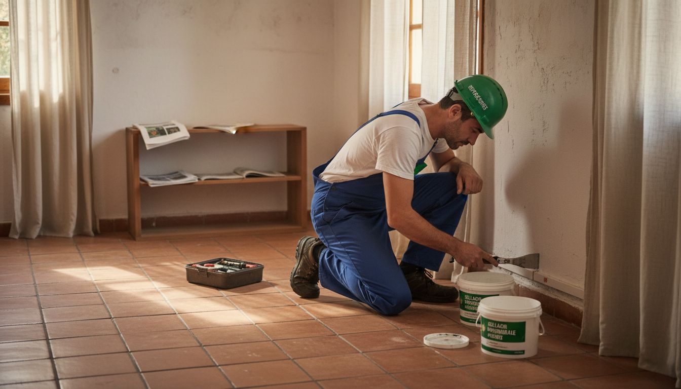 Un profesional está aplicando un tratamiento impermeabilizante sobre una pared con humedad.