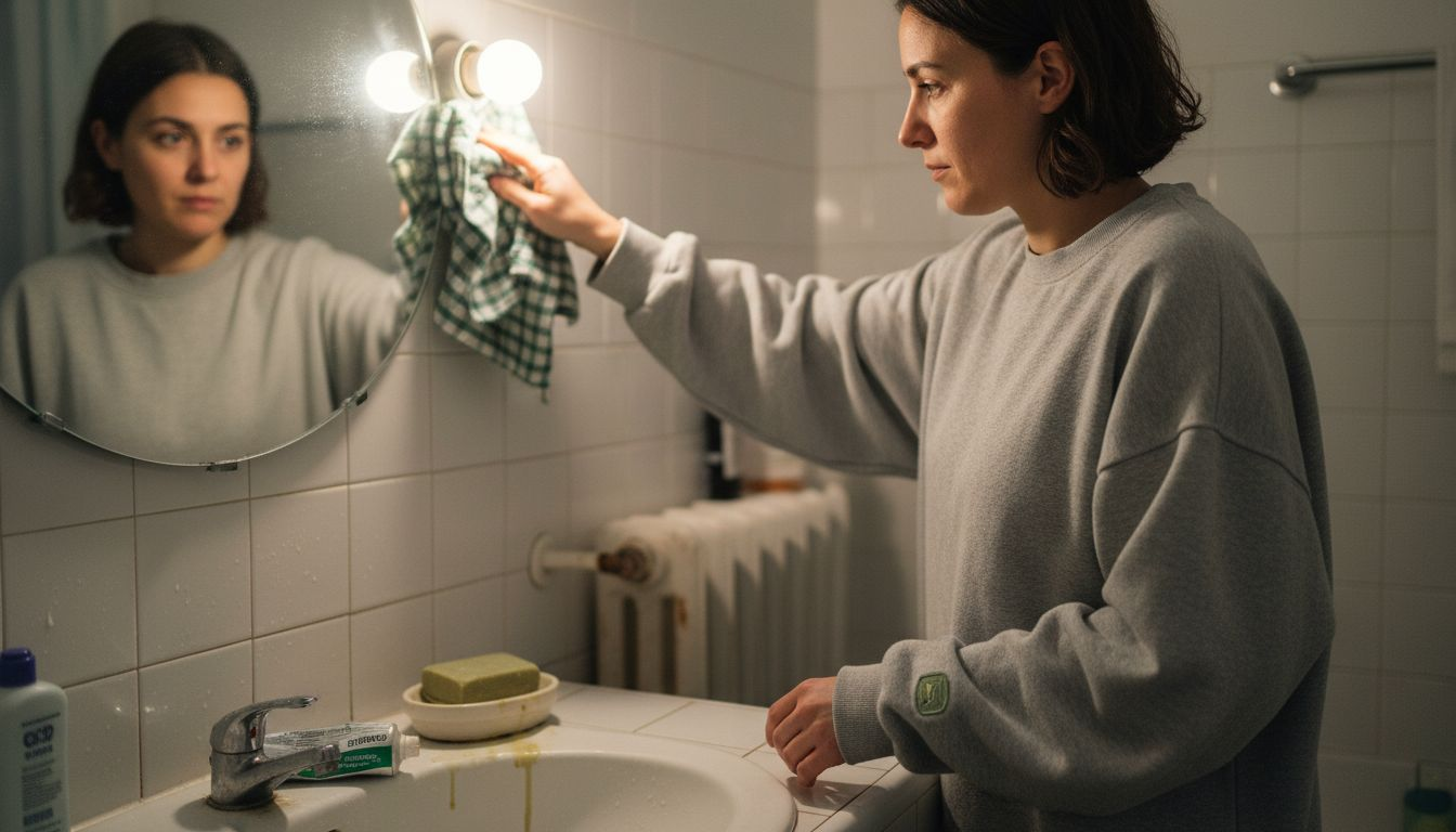 Mujer quitando el vaho del espejo del baño