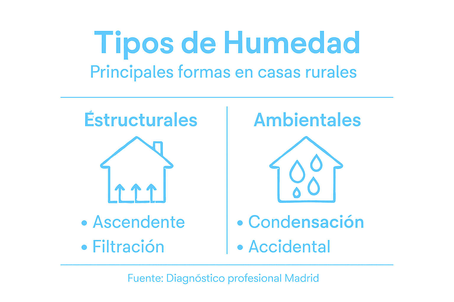 Guía visual sobre los diferentes tipos de humedad que pueden aparecer en casas rurales