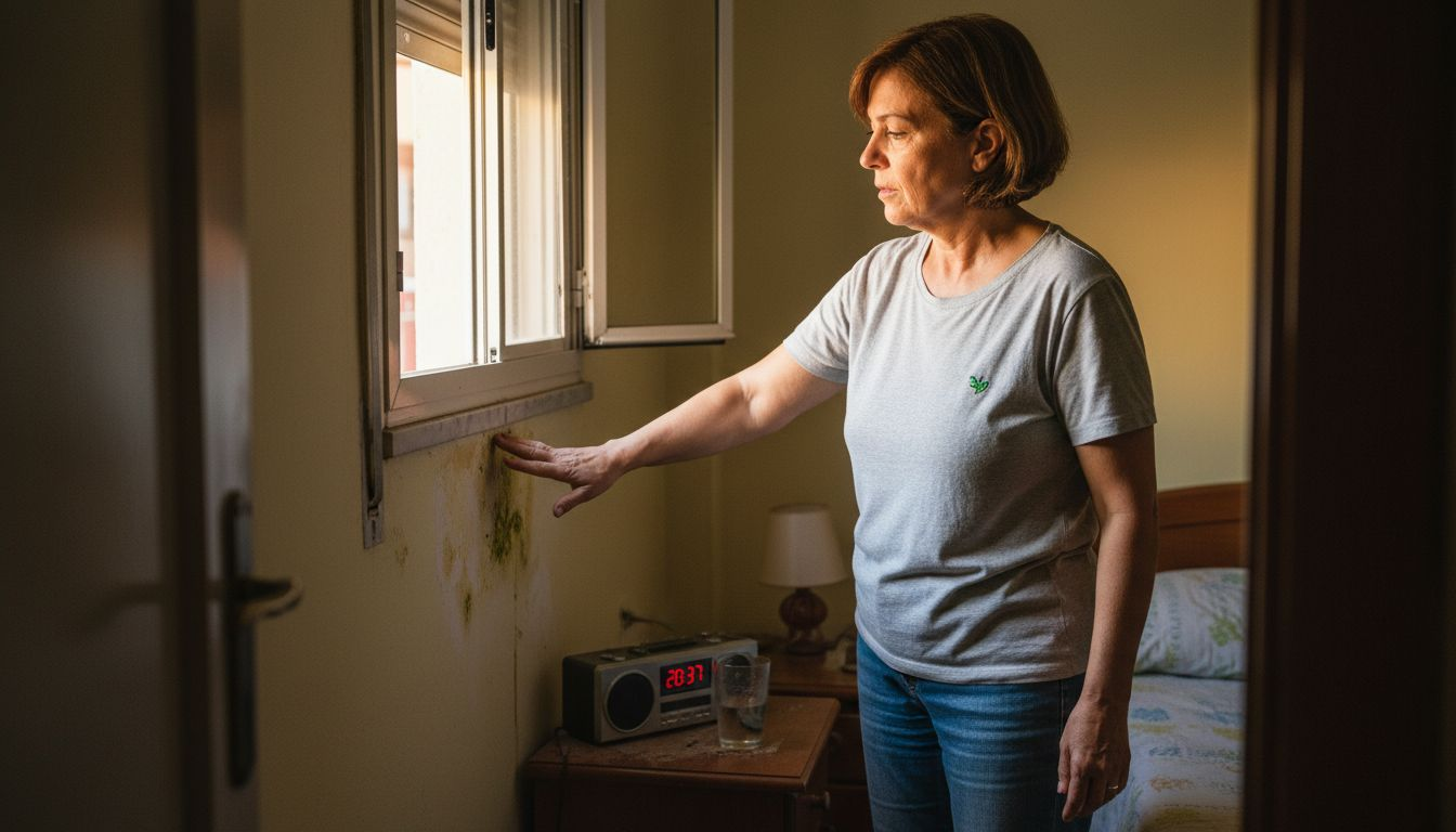 Una mujer inspecciona manchas de humedad en la pared, justo al lado de la ventana de su habitación.