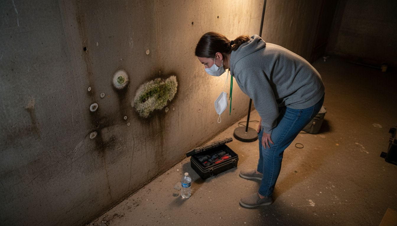 Mujer revisando manchas de humedad y moho en la pared