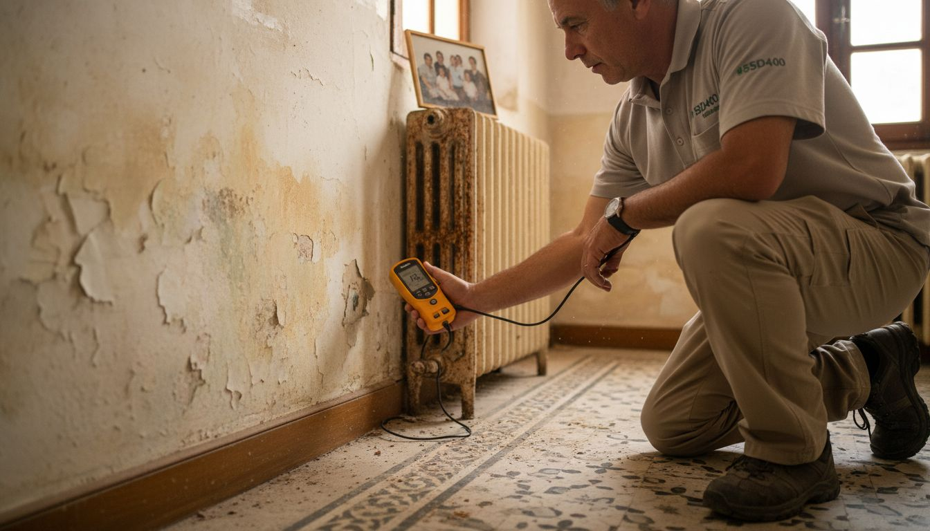 Un técnico revisa la humedad en las paredes de una casa antigua.