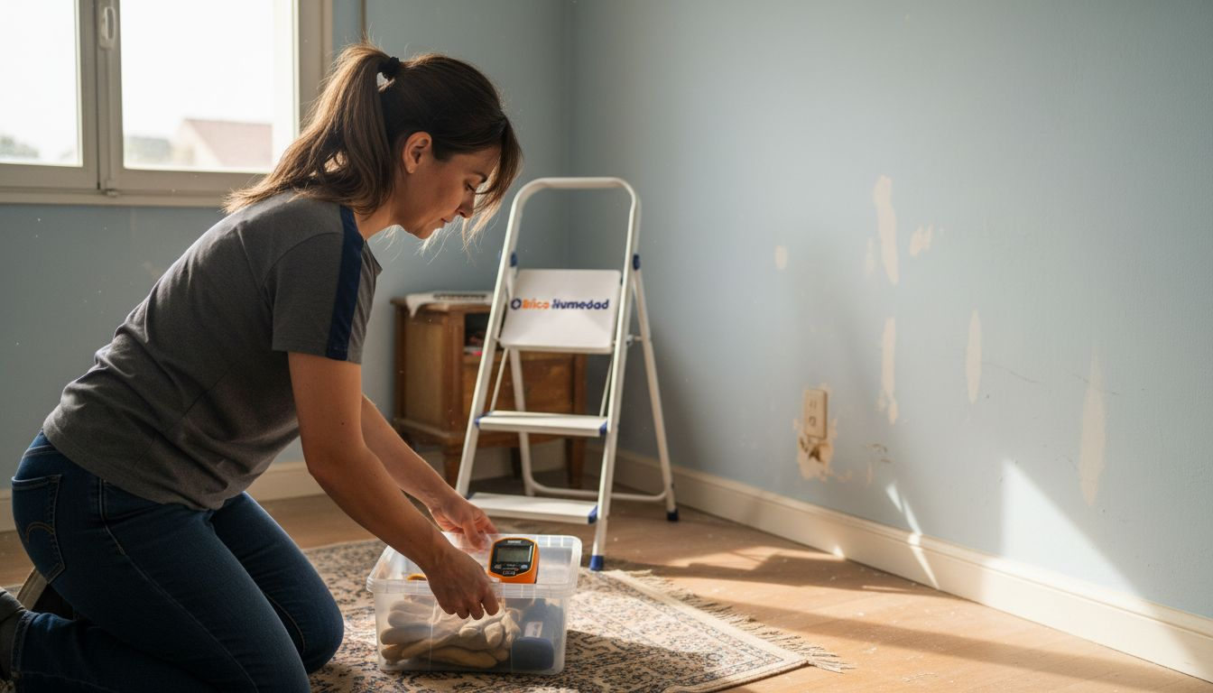 Mujer lista para combatir la humedad en su dormitorio