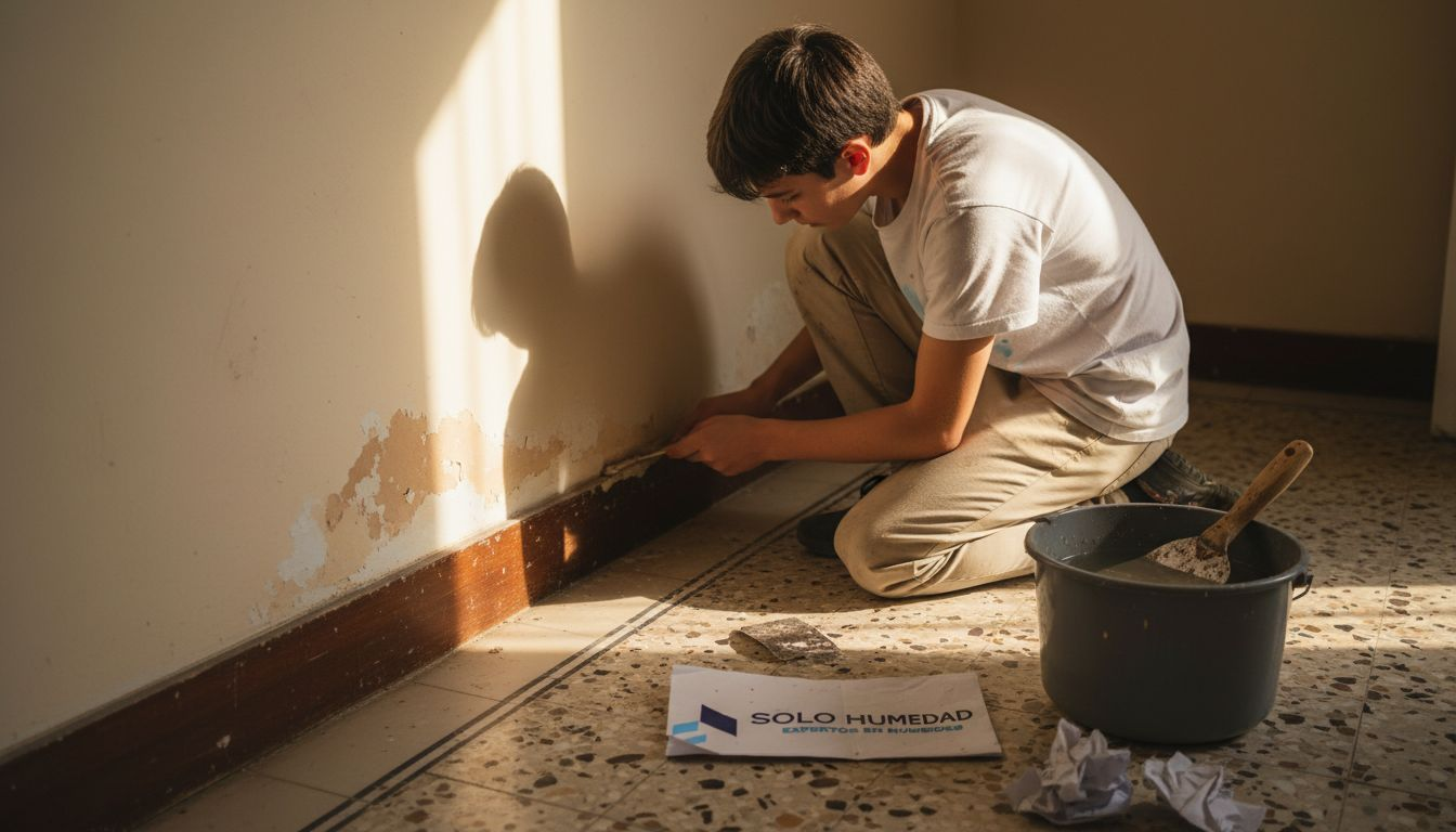 Una persona inspecciona las manchas de humedad en la pared.
