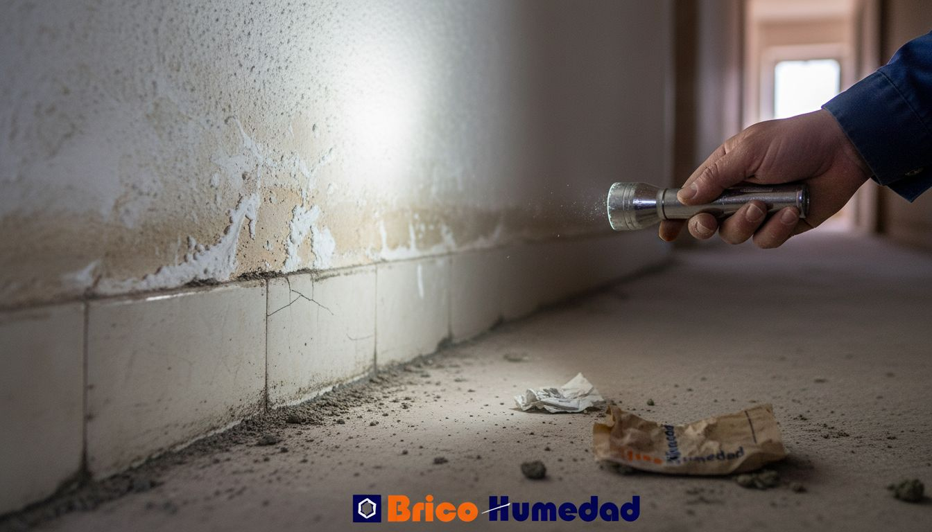 Presencia de humedad y manchas de salitre en la parte baja del muro