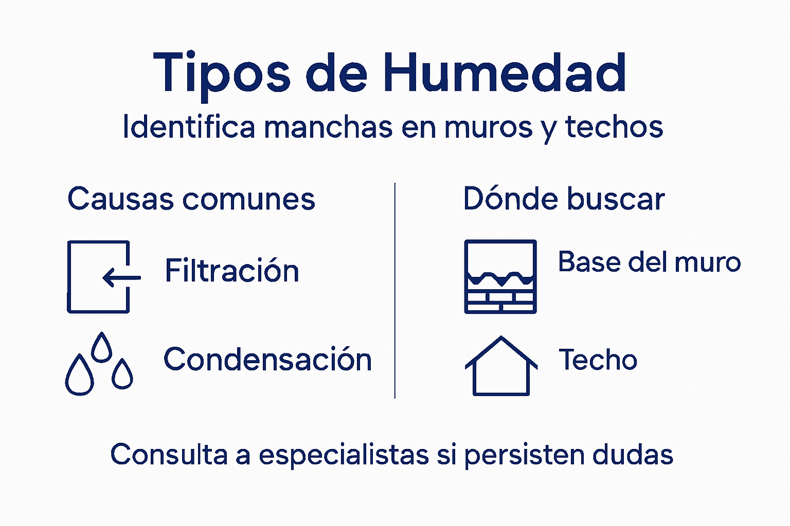 Infografía sobre los distintos tipos de humedad, sus causas y dónde suelen aparecer