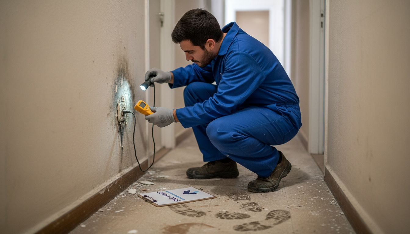 Un especialista inspecciona una zona de humedad en la pared.