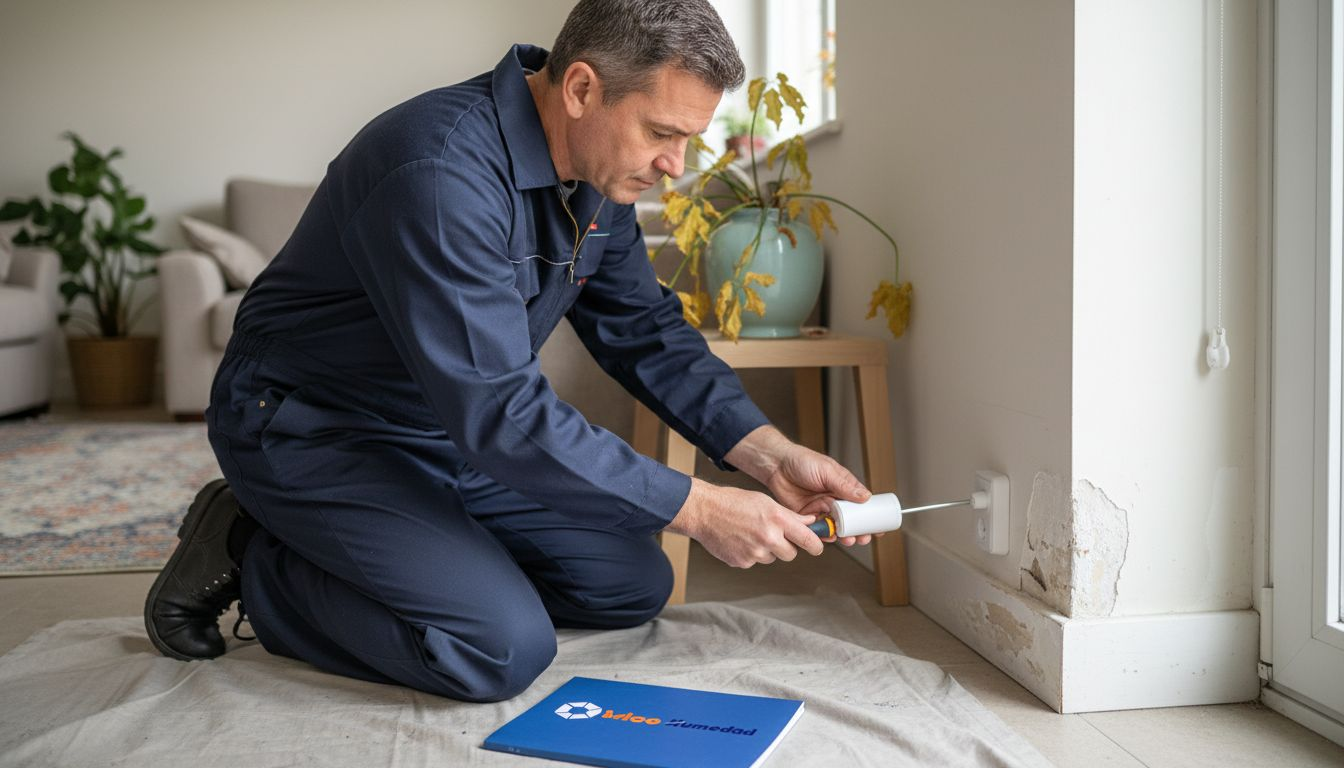 Técnico colocando un sensor de humedad en la pared