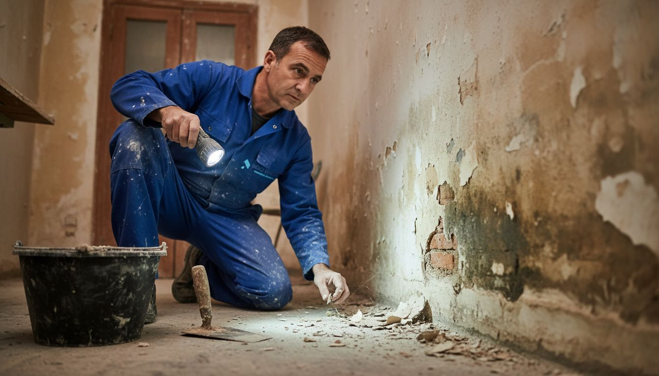 Un técnico revisa la pared para detectar posibles problemas de humedad que sube desde el suelo.