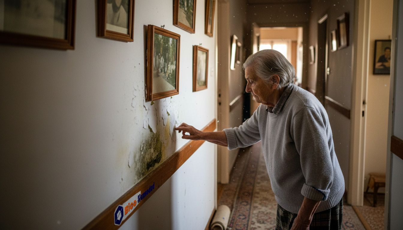 Mujer revisando manchas de humedad y pintura descascarada en la pared