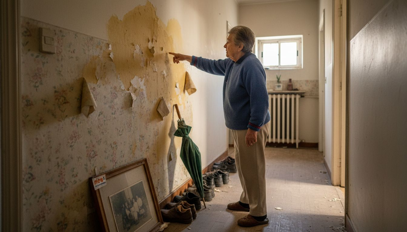 Propietario señalando una mancha de humedad en el pasillo