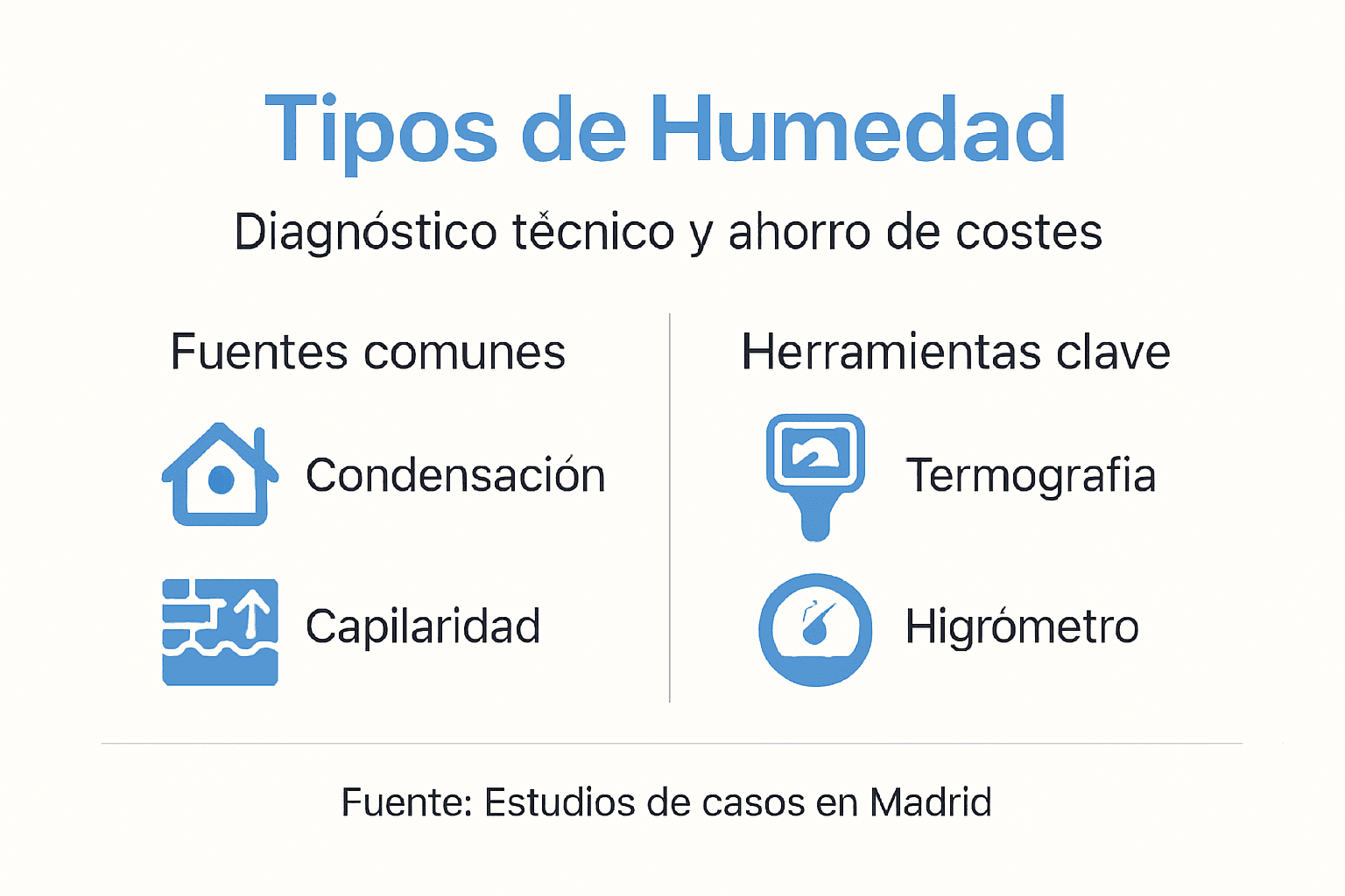 Infografía con los diferentes tipos de humedad y las herramientas más útiles para detectarla y combatirla