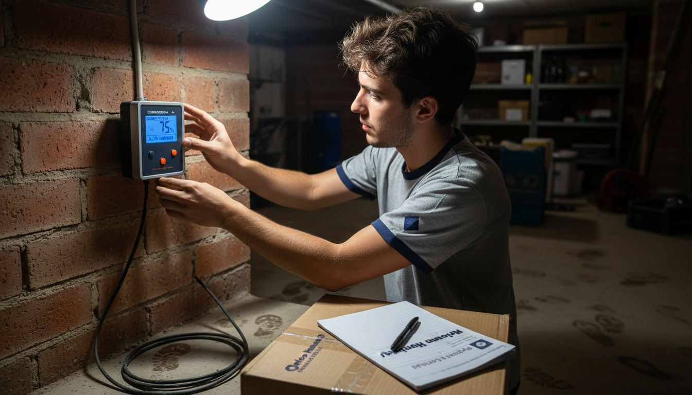 Técnico realizando medición de conductividad en la pared del sótano
