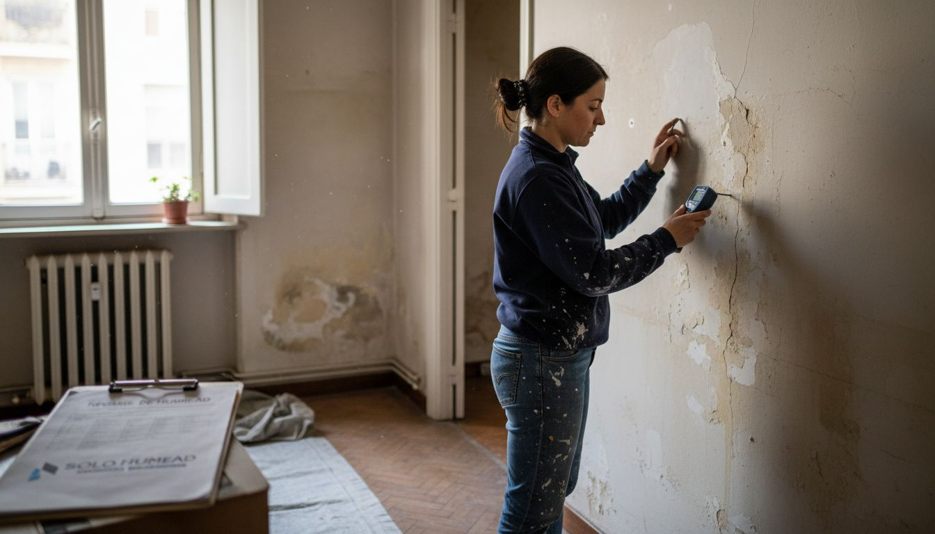 Un ingeniero revisa la humedad de la pared utilizando equipos de diagnóstico especializados.