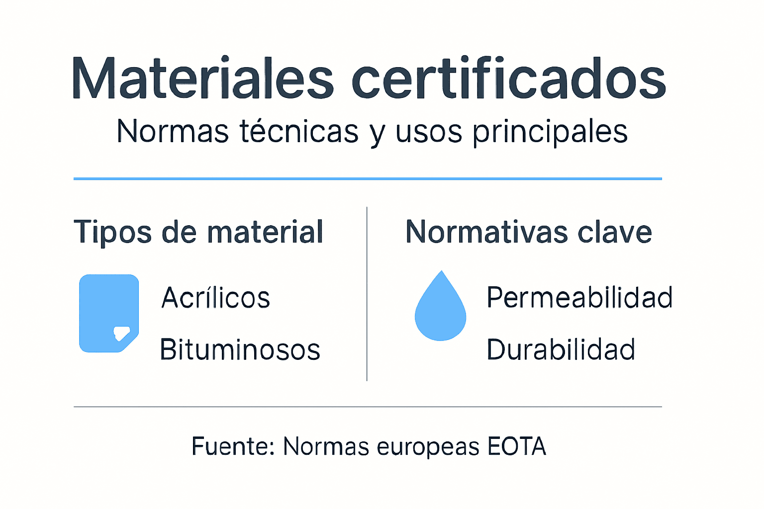 Infografía sobre materiales impermeabilizantes certificados y las normas que garantizan su calidad