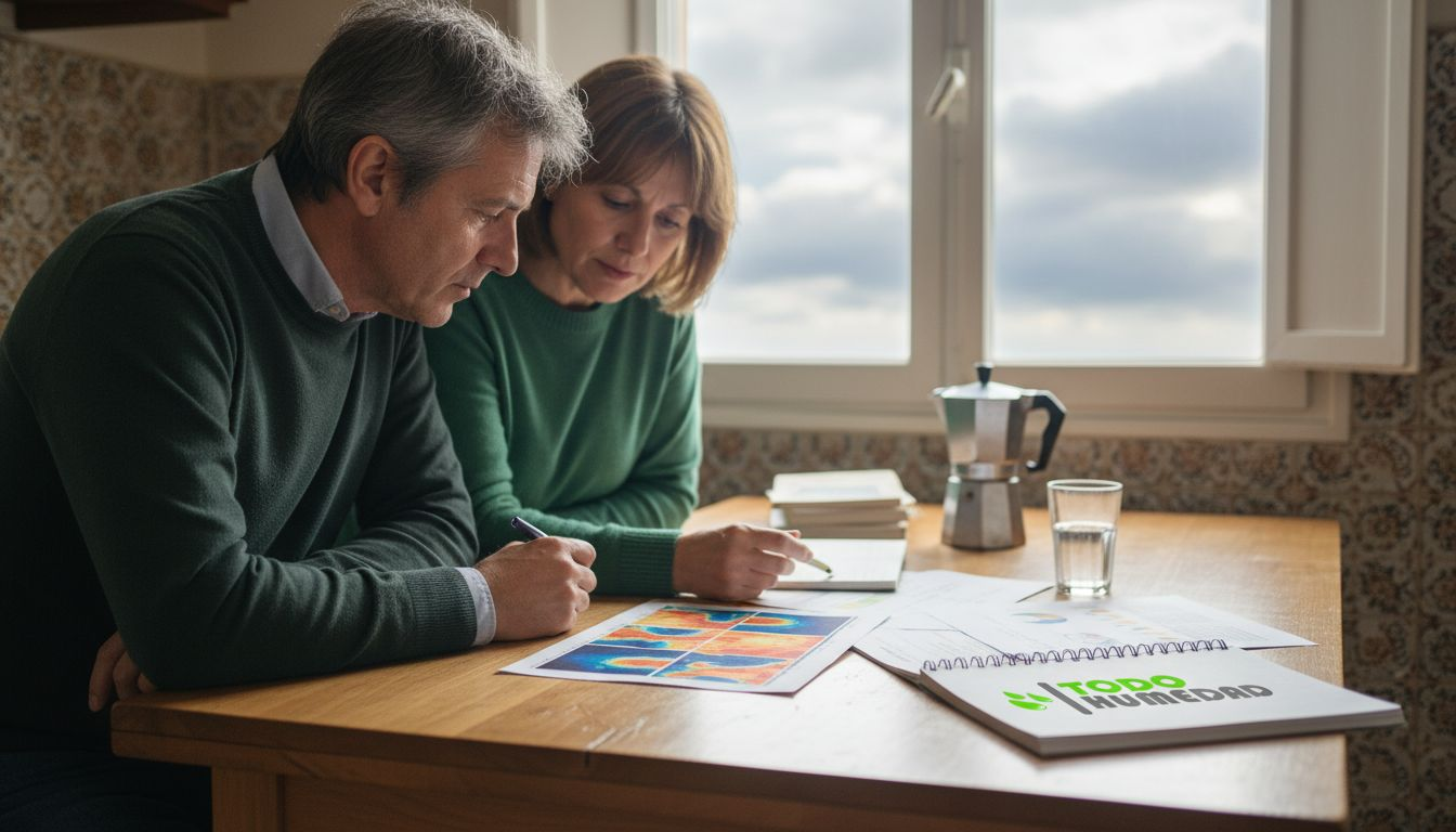 Una pareja analiza el informe sobre cómo ha bajado la humedad en su hogar.