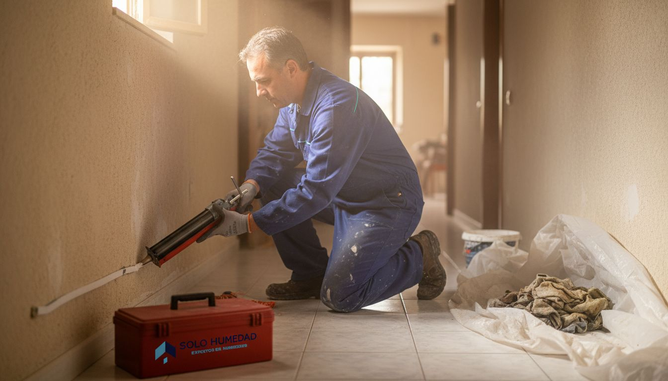 Técnico colocando una barrera antihumedad en la pared