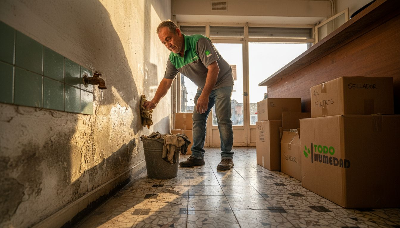 Propietario limpiando manchas de humedad en un local pequeño