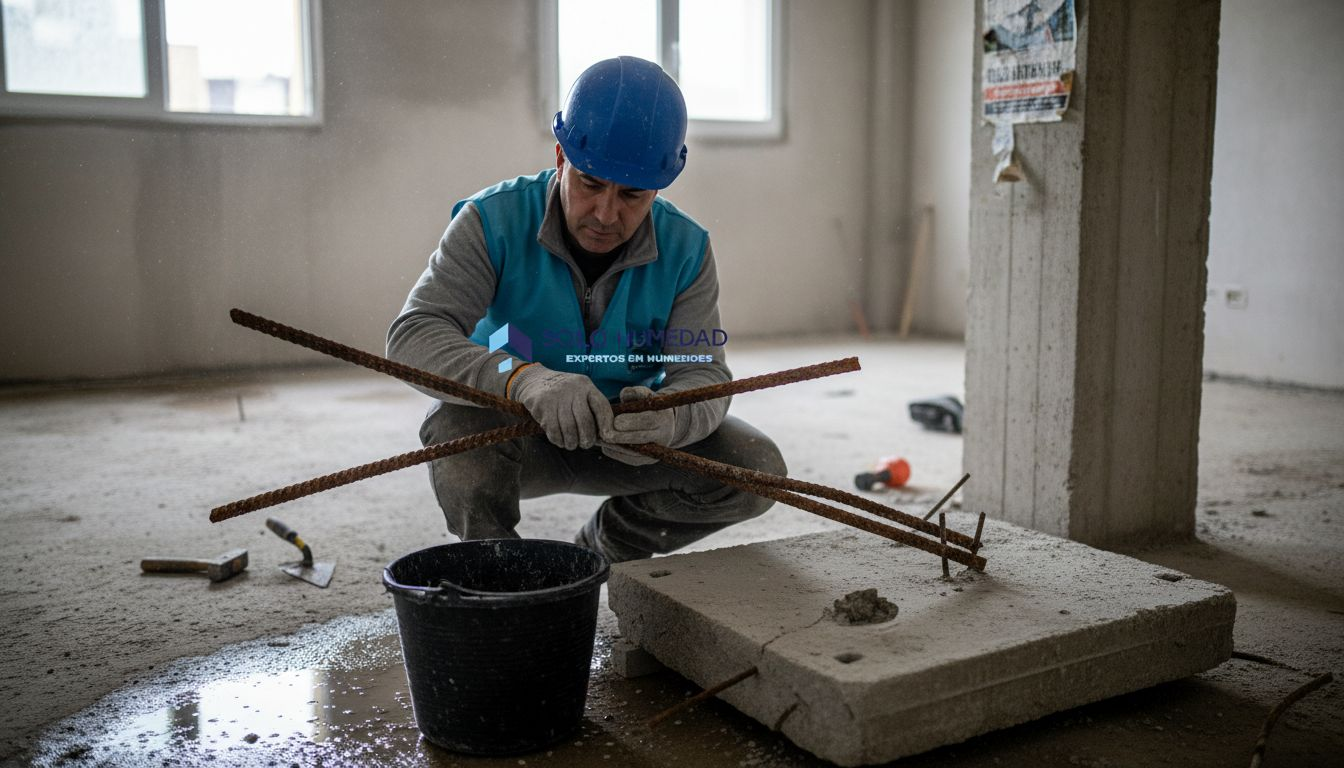 Un ingeniero señala las zonas afectadas por la corrosión en una estructura de hormigón expuesta a la humedad.