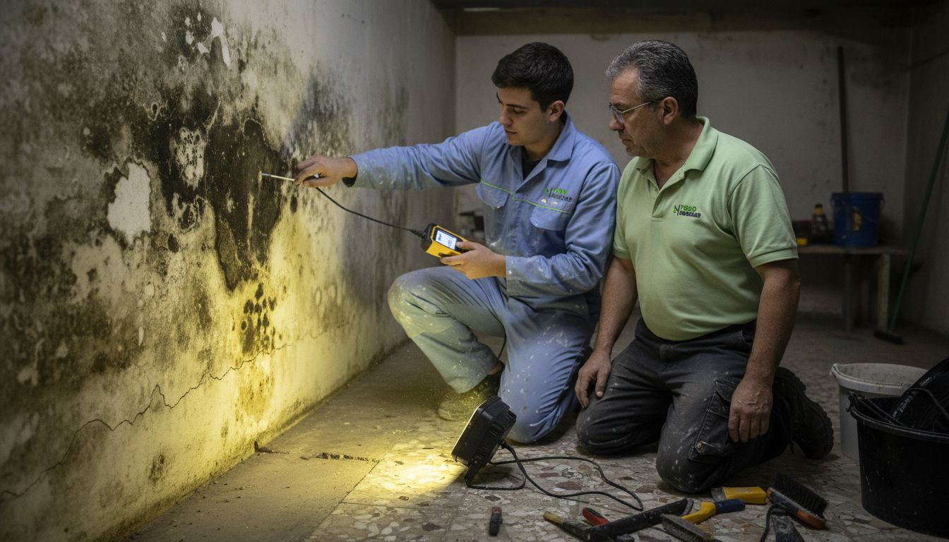 Especialistas revisando la humedad con un medidor digital en el sótano