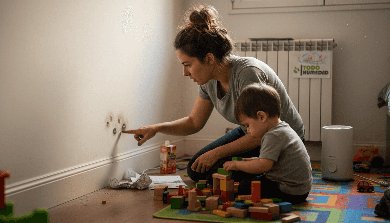 Una madre inspecciona si hay humedad y moho en el cuarto de sus hijos