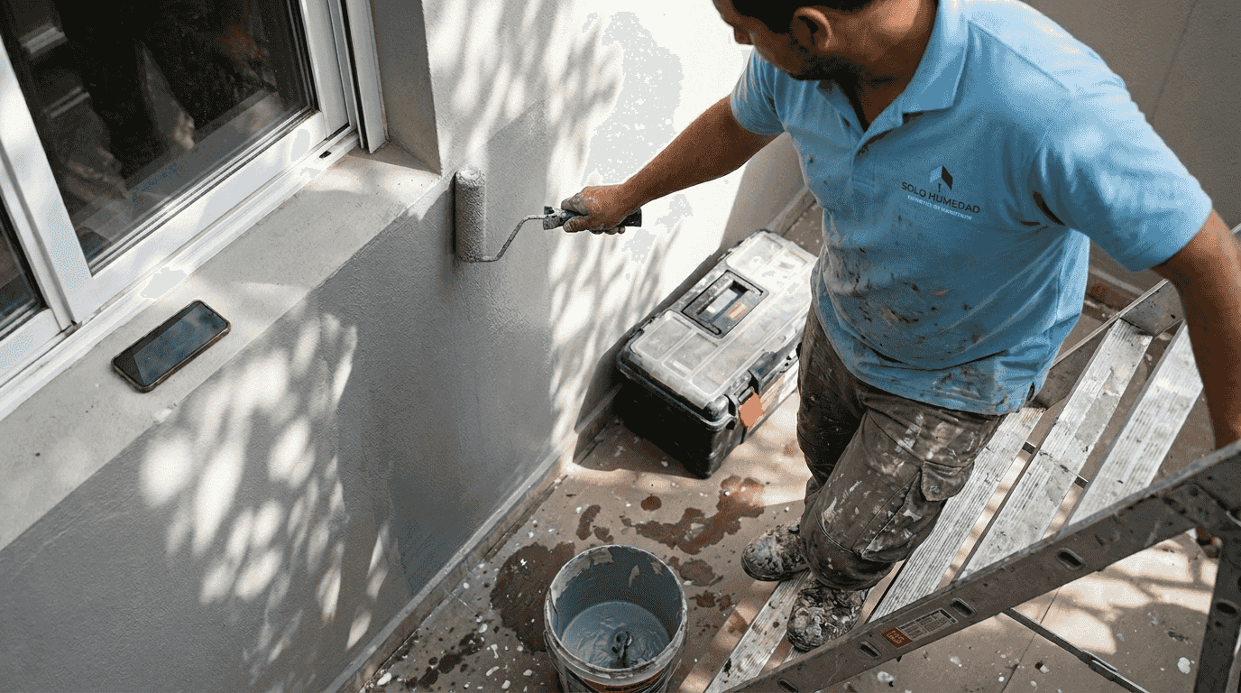 Un trabajador está aplicando impermeabilizante en la pared exterior.