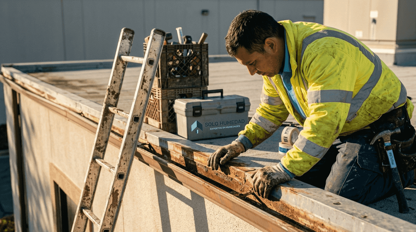 Especialista revisando el estado de las canaletas en el tejado de una nave industrial